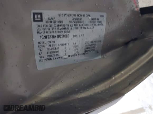 2007 Chevrolet Tahoe LTZ с VIN 1GNFC130X7R290280, выставлен на аукционе IAAI как лот 40746392 с пробегом Не указан миль и . История ставок и продаж доступна на DreamBid. Изображение 9.
