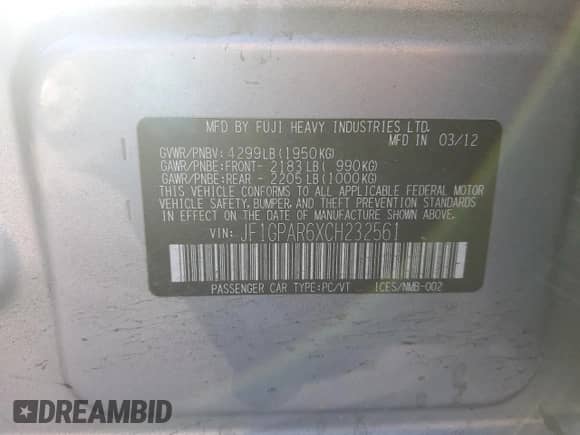 2012 Subaru Impreza Special Sports Limited z VIN JF1GPAR6XCH232561, wystawiony jako Copart lot #72051545 z przebiegiem 140 520 mil mil oraz Szkoda całkowita • Salvage title. Historia ofert i sprzedaży dostępna na DreamBid. Obrazek 13.