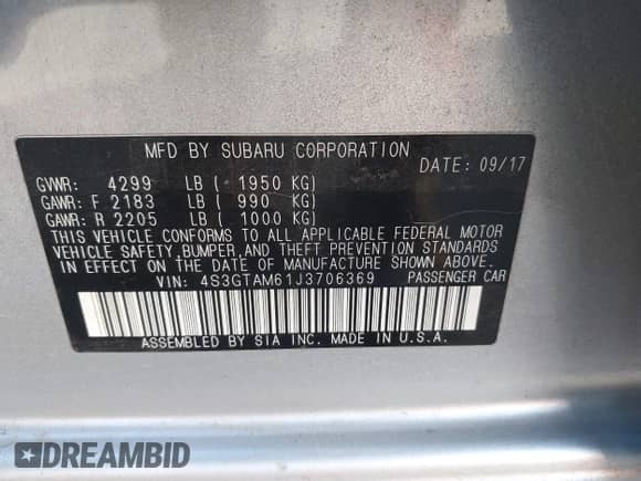 2018 Subaru Impreza Special Sports with VIN 4S3GTAM61J3706369, listed as a IAAI auction lot 41414574 with 93,112 mi miles and . Bid and sale history available at DreamBid. Image 9.