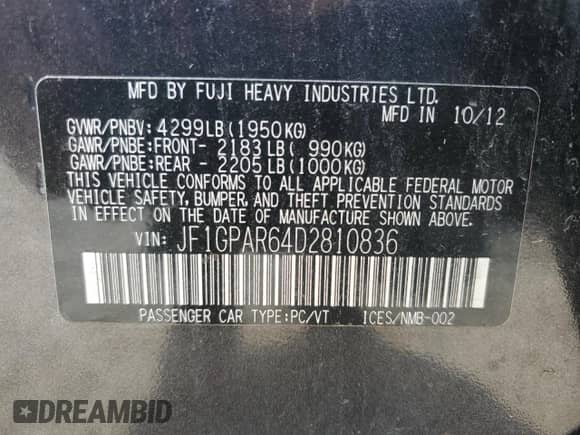 2013 Subaru Impreza Special Sports Limited z VIN JF1GPAR64D2810836, wystawiony jako Copart lot #71177865 z przebiegiem 121 493 mil mil oraz Czysty tytuł • Clean title. Historia ofert i sprzedaży dostępna na DreamBid. Obrazek 12.