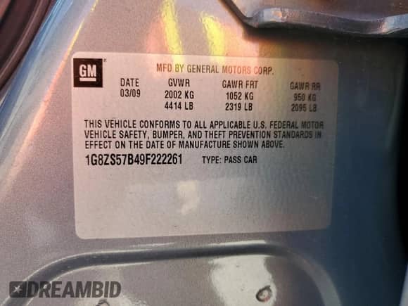 2009 Saturn Aura XE with VIN 1G8ZS57B49F222261, listed as a Copart auction lot 53421445 with 105,615 mi miles and Salvage title. Bid and sale history available at DreamBid. Image 14.