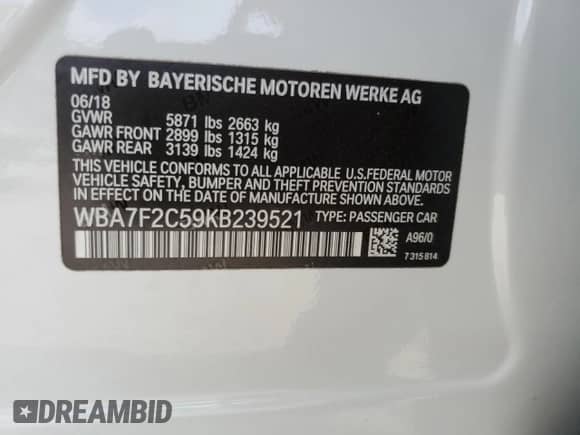 2019 BMW 7 Series 750i xDrive with VIN WBA7F2C59KB239521, listed as a Copart auction lot 67462574 with 44,447 mi miles and Salvage title. Bid and sale history available at DreamBid. Image 12.