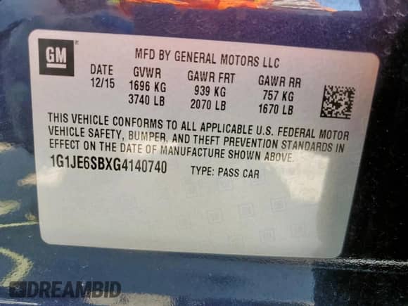 2016 Chevrolet Sonic LTZ с VIN 1G1JE6SBXG4140740, выставлен на аукционе Copart как лот 67590395 с пробегом 85 560 миль миль и Чистый • Clean title. История ставок и продаж доступна на DreamBid. Изображение 13.