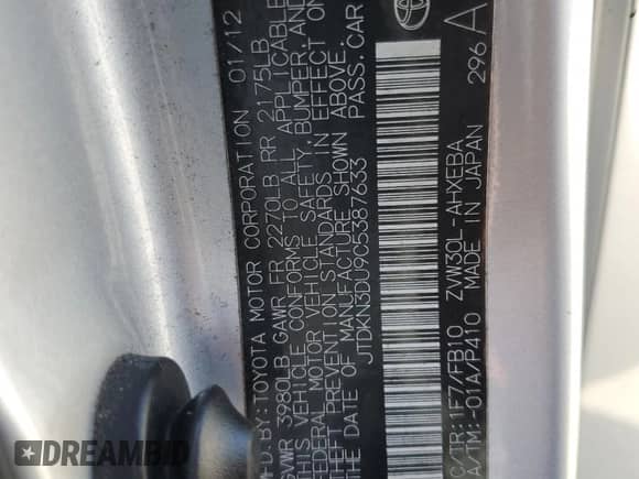 2012 Toyota Prius Four с VIN JTDKN3DU9C5387633, выставлен на аукционе Copart как лот 85383995 с пробегом 235 053 миль миль и Списание • Salvage title. История ставок и продаж доступна на DreamBid. Изображение 12.