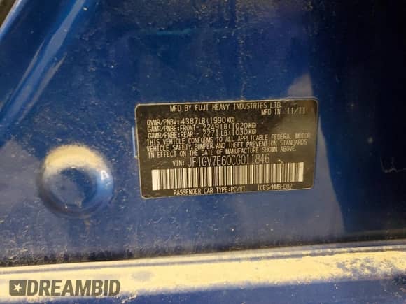 2012 Subaru WRX WRX with VIN JF1GV7E60CG011846, listed as a Copart auction lot 42096335 with 34,038 mi miles and Non repairable. Bid and sale history available at DreamBid. Image 12.