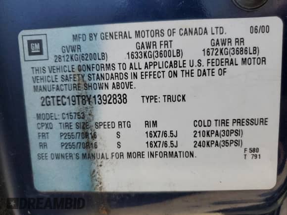 2000 GMC Sierra 1500 SLE with VIN 2GTEC19T8Y1392838, listed as a Copart auction lot 64382945 with 163,798 mi miles and Salvage title. Bid and sale history available at DreamBid. Image 13.