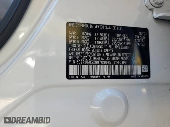 2022 Honda HR-V LX с VIN 3CZRU6H3XNM709045, выставлен на аукционе Copart как лот 82567595 с пробегом 73 623 миль миль и Списание • Salvage title. История ставок и продаж доступна на DreamBid. Изображение 13.