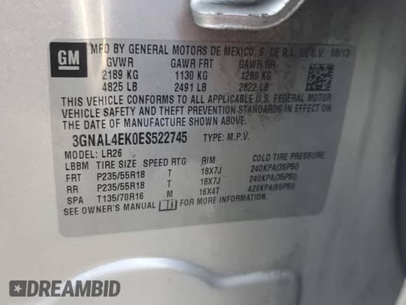 2014 Chevrolet Captiva Sport LTZ с VIN 3GNAL4EK0ES522745, выставлен на аукционе Copart как лот 79042814 с пробегом Не указан миль и Списание • Salvage title. История ставок и продаж доступна на DreamBid. Изображение 13.