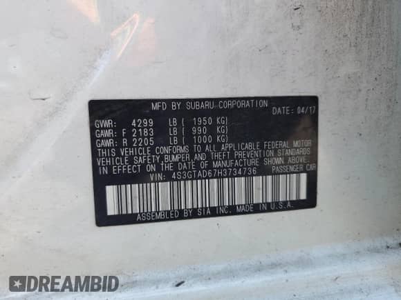 2017 Subaru Impreza Premium with VIN 4S3GTAD67H3734736, listed as a Copart auction lot 65625935 with 117,056 mi miles and Salvage title. Bid and sale history available at DreamBid. Image 12.