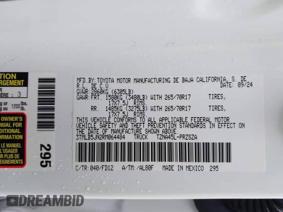 2024 Toyota Tacoma SR5 с VIN 3TMLB5JN2RM064484, выставлен на аукционе IAAI как лот 42620511 с пробегом 10 364 миль миль и . История ставок и продаж доступна на DreamBid. Изображение 9.
