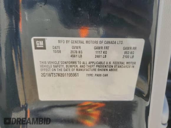 2009 Chevrolet Impala LT с VIN 2G1WT57K891195961, выставлен на аукционе Copart как лот 86255805 с пробегом 172 714 миль миль и Списание • Salvage title. История ставок и продаж доступна на DreamBid. Изображение 12.