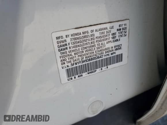 2011 Honda Pilot Touring с VIN 5FNYF3H93BB053642, выставлен на аукционе Copart как лот 71074825 с пробегом 171 403 миль миль и Списание • Salvage title. История ставок и продаж доступна на DreamBid. Изображение 13.