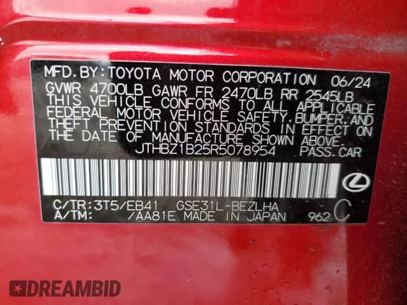 2024 Lexus IS 350 F Sport z VIN JTHBZ1B25R5078954, wystawiony jako Copart lot #68424685 z przebiegiem 16 016 mil mil oraz Nie do naprawy • Non repairable. Historia ofert i sprzedaży dostępna na DreamBid. Obrazek 12.