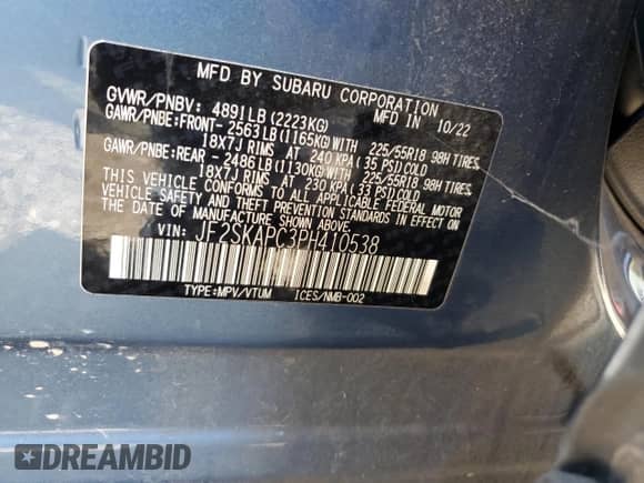 2023 Subaru Forester Limited z VIN JF2SKAPC3PH410538, wystawiony jako Copart lot #71488785 z przebiegiem 49 320 mil mil oraz Szkoda całkowita • Salvage title. Historia ofert i sprzedaży dostępna na DreamBid. Obrazek 14.