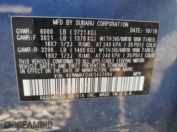 2019 Subaru Ascent Premium с VIN 4S4WMAFD4K3433994, выставлен на аукционе Copart как лот 70661595 с пробегом 110 475 миль миль и Списание • Salvage title. История ставок и продаж доступна на DreamBid. Изображение 14.