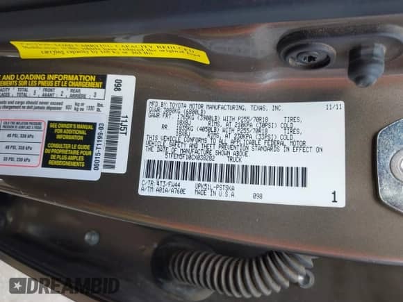 2012 Toyota Tundra с VIN 5TFEM5F10CX038282, выставлен на аукционе IAAI как лот 43500146 с пробегом 195 032 миль миль и . История ставок и продаж доступна на DreamBid. Изображение 9.