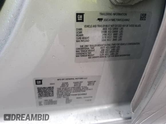 2021 Chevrolet Silverado 2500HD Custom с VIN 1GC4YME70MF224962, выставлен на аукционе Copart как лот 58023015 с пробегом 60 617 миль миль и Списание • Salvage title. История ставок и продаж доступна на DreamBid. Изображение 12.