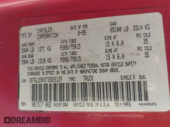 1996 Dodge Dakota z VIN 1B7GL23X3TS523127, wystawiony jako IAAI lot #43101812 z przebiegiem 204 048 mil mil oraz . Historia ofert i sprzedaży dostępna na DreamBid. Obrazek 9.