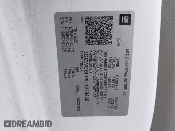 2020 Chevrolet Express Cargo with VIN 1GCWGBFP0L1223210, listed as a IAAI auction lot 42280281 with 20,701 mi miles and . Bid and sale history available at DreamBid. Image 9.