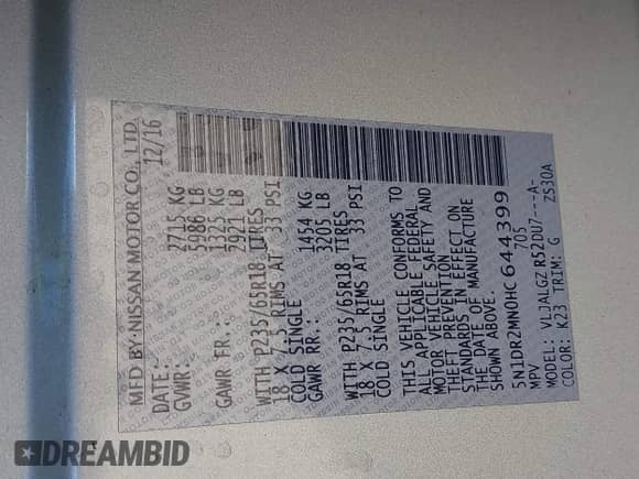 2017 Nissan Pathfinder S with VIN 5N1DR2MN0HC644399, listed as a IAAI auction lot 42855042 with 104,076 mi miles and . Bid and sale history available at DreamBid. Image 9.