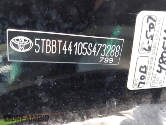 2005 Toyota Tundra SR5 с VIN 5TBBT44105S473288, выставлен на аукционе IAAI как лот 43390378 с пробегом 160 406 миль миль и . История ставок и продаж доступна на DreamBid. Изображение 9.