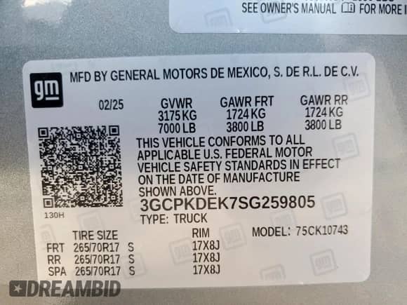 2025 Chevrolet Silverado 1500 with VIN 3GCPKDEK7SG259805, listed as a Copart auction lot 82132495 with 3,187 mi miles and Clean title. Bid and sale history available at DreamBid. Image 12.
