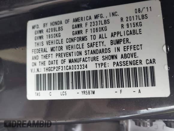 2012 Honda Accord LX z VIN 1HGCP2F31CA003334, wystawiony jako IAAI lot #43263557 z przebiegiem 130 168 mil mil oraz . Historia ofert i sprzedaży dostępna na DreamBid. Obrazek 9.