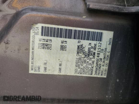 2014 Nissan Maxima S with VIN 1N4AA5APXEC481512, listed as a Copart auction lot 82631625 with 188,050 mi miles and Clean title. Bid and sale history available at DreamBid. Image 12.