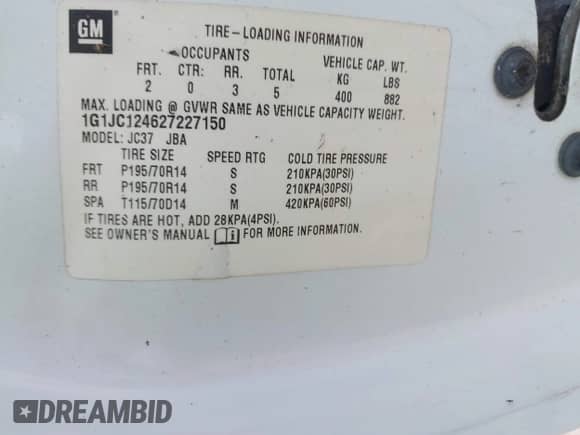 2002 Chevrolet Cavalier z VIN 1G1JC124627227150, wystawiony jako IAAI lot #42860608 z przebiegiem Nie podano mil oraz . Historia ofert i sprzedaży dostępna na DreamBid. Obrazek 9.