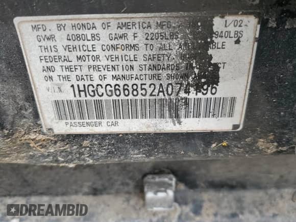 2002 Honda Accord SE with VIN 1HGCG66852A074196, listed as a Copart auction lot 47954355 with 288,892 mi miles and Salvage title. Bid and sale history available at DreamBid. Image 12.