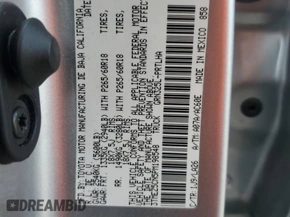 2023 Toyota Tacoma Limited с VIN 3TMEZ5CN5PM198548, выставлен на аукционе Copart как лот 59275244 с пробегом 27 057 миль миль и На запчасти • Non repairable. История ставок и продаж доступна на DreamBid. Изображение 14.