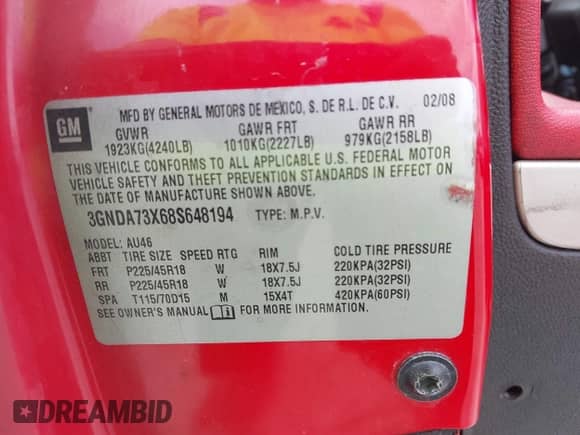 2008 Chevrolet HHR z VIN 3GNDA73X68S648194, wystawiony jako IAAI lot #41508667 z przebiegiem 174 479 mil mil oraz . Historia ofert i sprzedaży dostępna na DreamBid. Obrazek 9.