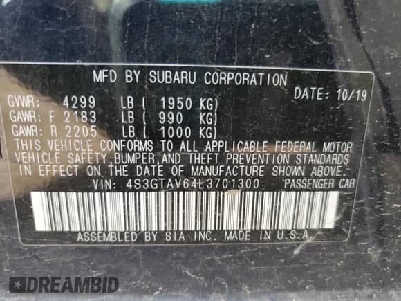 2020 Subaru Impreza Premium with VIN 4S3GTAV64L3701300, listed as a Copart auction lot 65614205 with 57,229 mi miles and Salvage title. Bid and sale history available at DreamBid. Image 12.