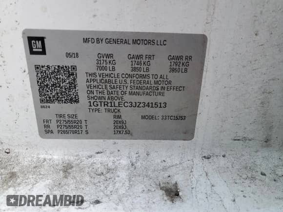 2018 GMC Sierra 1500 z VIN 1GTR1LEC3JZ341513, wystawiony jako Copart lot #77564244 z przebiegiem 56 873 mil mil oraz Szkoda całkowita • Salvage title. Historia ofert i sprzedaży dostępna na DreamBid. Obrazek 12.