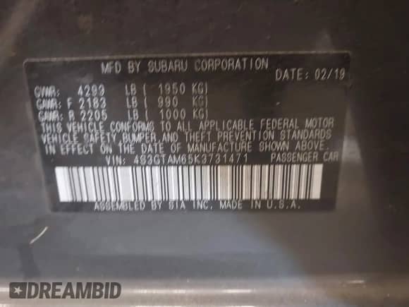 2019 Subaru Impreza Special Sports with VIN 4S3GTAM65K3731471, listed as a IAAI auction lot 42225933 with 80,900 mi miles and . Bid and sale history available at DreamBid. Image 9.