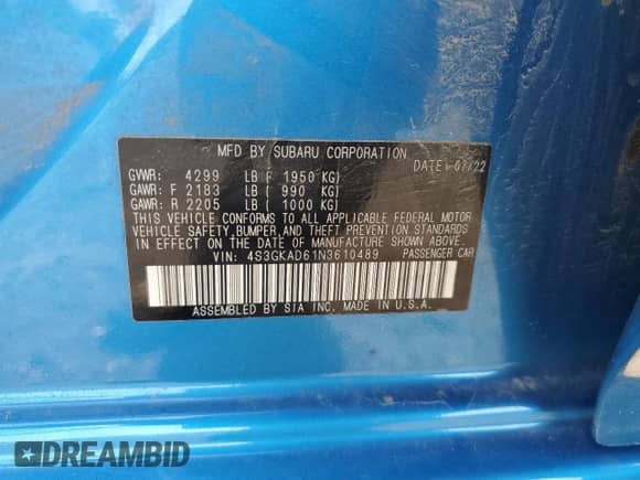 2022 Subaru Impreza Premium with VIN 4S3GKAD61N3610489, listed as a Copart auction lot 60406935 with 31,070 mi miles and Salvage title. Bid and sale history available at DreamBid. Image 12.