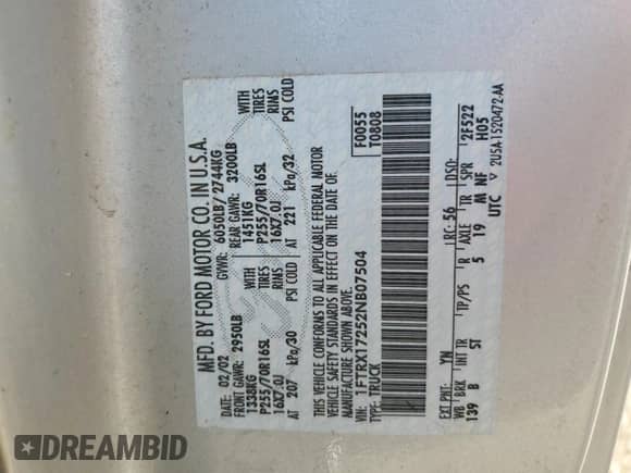 2002 Ford F-150 XL z VIN 1FTRX17252NB07504, wystawiony jako Copart lot #80520035 z przebiegiem Nie podano mil oraz Szkoda całkowita • Salvage title. Historia ofert i sprzedaży dostępna na DreamBid. Obrazek 13.