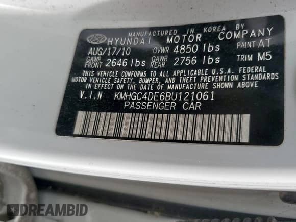 2011 Hyundai Genesis с VIN KMHGC4DE6BU121061, выставлен на аукционе Copart как лот 70504705 с пробегом 108 186 миль миль и Списание • Salvage title. История ставок и продаж доступна на DreamBid. Изображение 12.