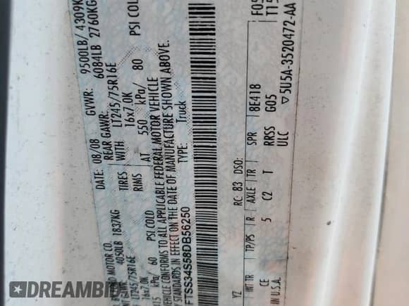 2008 Ford Econoline Cargo with VIN 1FTSS34S58DB56250, listed as a Copart auction lot 54625645 with 142,123 mi miles and Clean title. Bid and sale history available at DreamBid. Image 13.