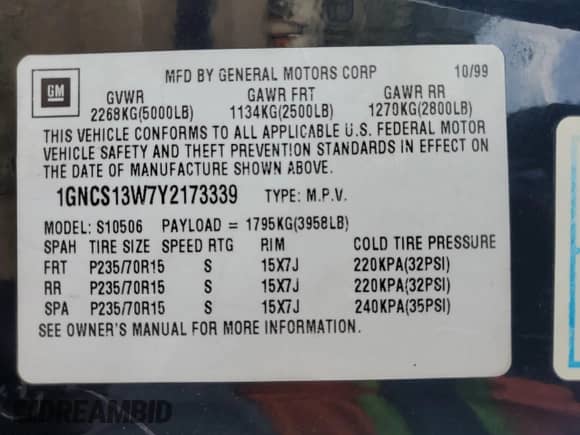 2000 Chevrolet Blazer LT с VIN 1GNCS13W7Y2173339, выставлен на аукционе Copart как лот 65621135 с пробегом 141 725 миль миль и Списание • Salvage title. История ставок и продаж доступна на DreamBid. Изображение 13.