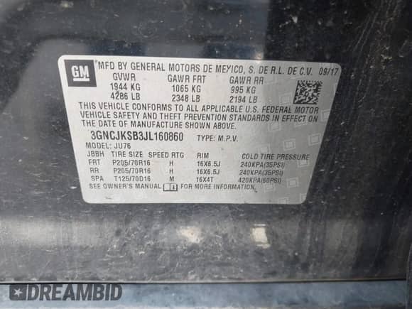 2018 Chevrolet Trax LS z VIN 3GNCJKSB3JL160860, wystawiony jako IAAI lot #43195256 z przebiegiem 128 748 mil mil oraz . Historia ofert i sprzedaży dostępna na DreamBid. Obrazek 9.