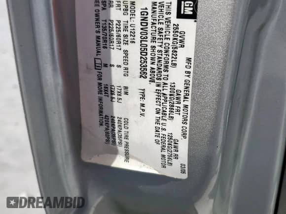 2005 Chevrolet Uplander z VIN 1GNDV03L05D253562, wystawiony jako Copart lot #90343055 z przebiegiem 101 133 mil mil oraz Czysty tytuł • Clean title. Historia ofert i sprzedaży dostępna na DreamBid. Obrazek 13.