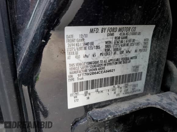 2012 Ford F-250 XL с VIN 1FT7W2B64CEA94921, выставлен на аукционе Copart как лот 71175505 с пробегом 301 652 миль миль и На запчасти • Non repairable. История ставок и продаж доступна на DreamBid. Изображение 13.