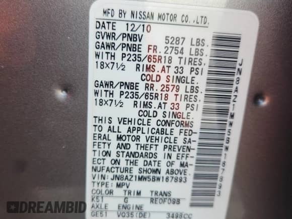 2011 Nissan Murano LE with VIN JN8AZ1MW5BW167893, listed as a Copart auction lot 81409725 with 68,055 mi miles and Non repairable. Bid and sale history available at DreamBid. Image 13.