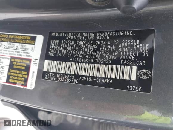 2009 Toyota Camry with VIN 4T1BE46K59U302153, listed as a IAAI auction lot 42870068 with 254,971 mi miles and . Bid and sale history available at DreamBid. Image 9.