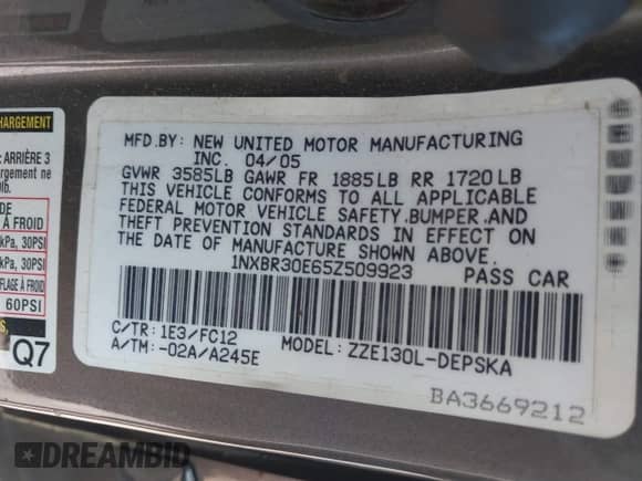 2005 Toyota Corolla CE with VIN 1NXBR30E65Z509923, listed as a IAAI auction lot 42952932 with 208,686 mi miles and . Bid and sale history available at DreamBid. Image 9.