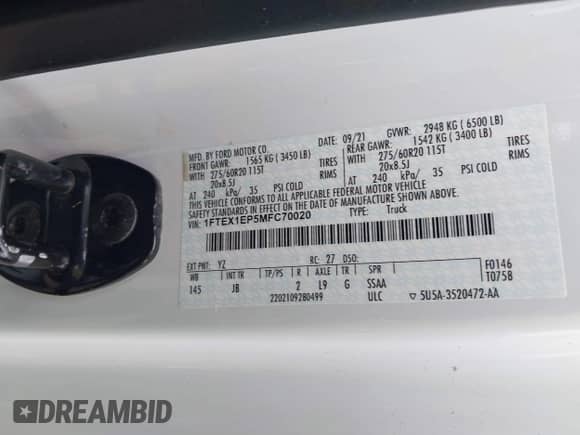 2021 Ford F-150 XL z VIN 1FTEX1EP5MFC70020, wystawiony jako IAAI lot #43237072 z przebiegiem Nie podano mil oraz . Historia ofert i sprzedaży dostępna na DreamBid. Obrazek 9.