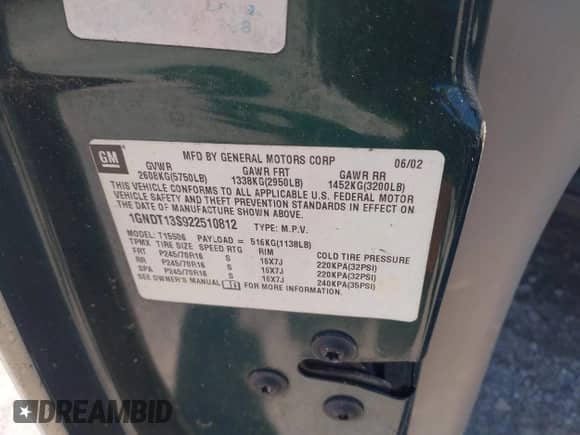 2002 Chevrolet TrailBlazer LTZ с VIN 1GNDT13S922510812, выставлен на аукционе IAAI как лот 42835046 с пробегом 189 249 миль миль и . История ставок и продаж доступна на DreamBid. Изображение 9.