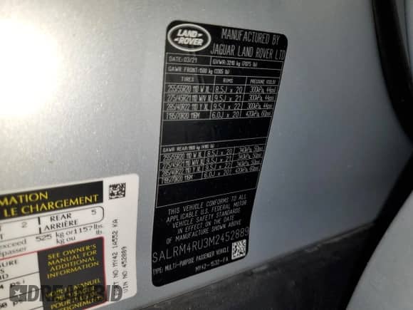 2021 Land Rover Discovery с VIN SALRM4RU3M2452889, выставлен на аукционе Copart как лот 62674485 с пробегом 56 684 миль миль и Списание • Salvage title. История ставок и продаж доступна на DreamBid. Изображение 13.