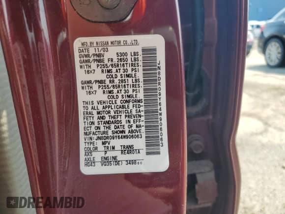 2004 Nissan Pathfinder SE z VIN JN8DR09Y64W906063, wystawiony jako Copart lot #59278085 z przebiegiem 192 814 mil mil oraz Czysty tytuł • Clean title. Historia ofert i sprzedaży dostępna na DreamBid. Obrazek 13.